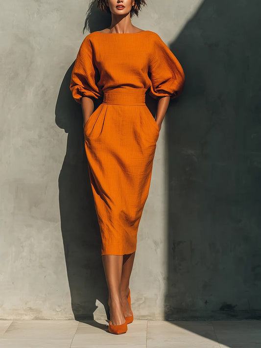 Solenne | Puff-Sleeve Midi Skirt Set