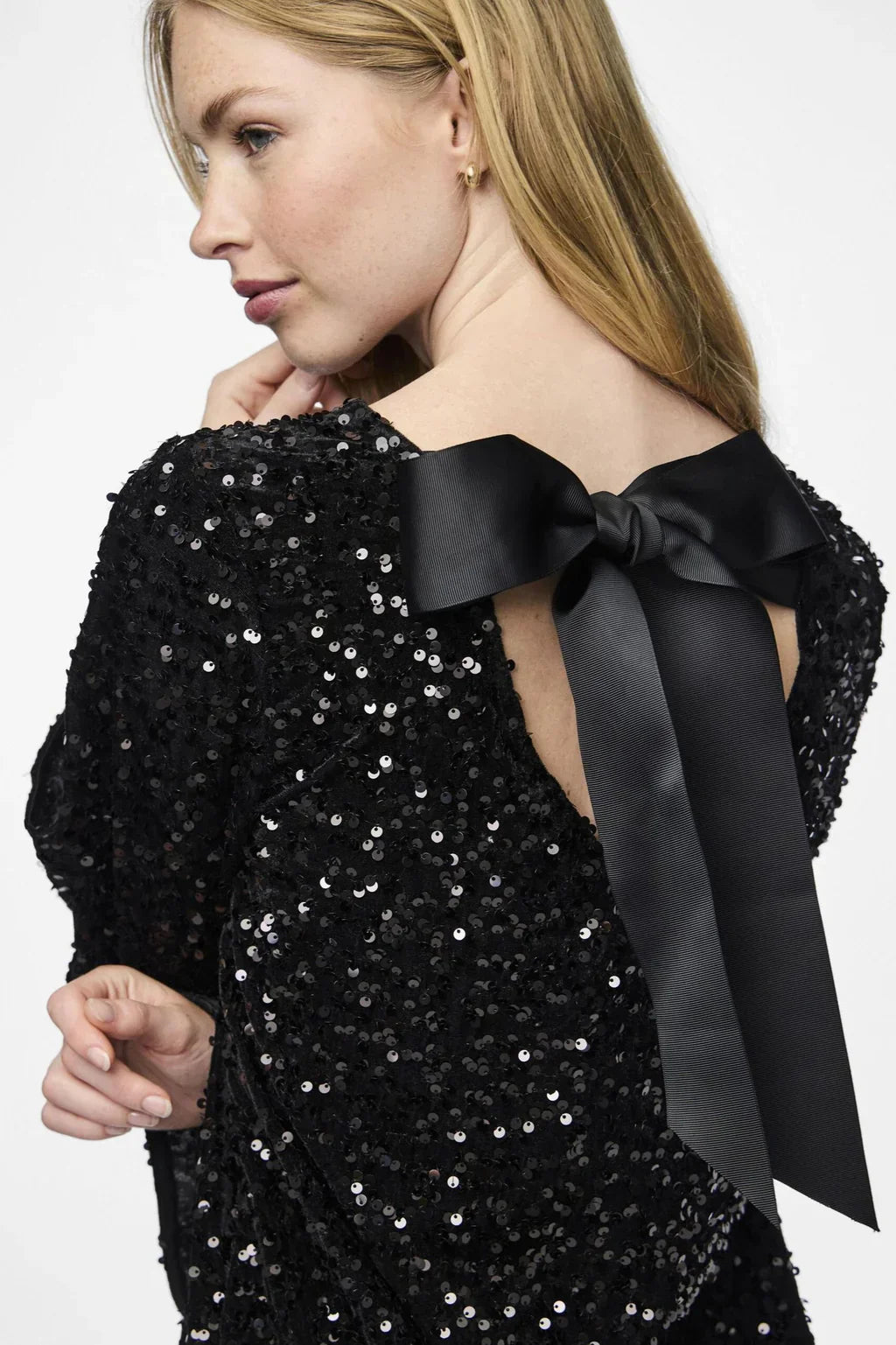 Bow-Back Glitter Mini Dress