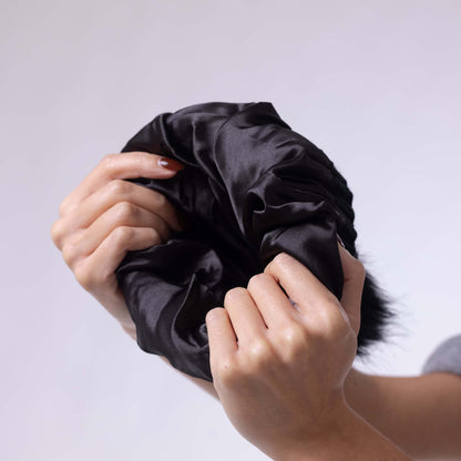 Satin Lined Knitted Beanie Hat - Black with Pom Pom