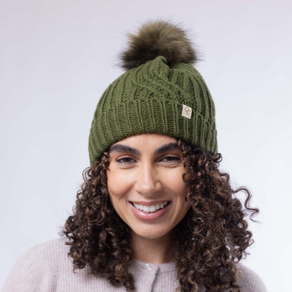Satin Lined Knitted Beanie Hat - Olive with Pom Pom