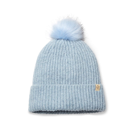 Satin Lined Beanie with Pom - Carrie in Light Blue