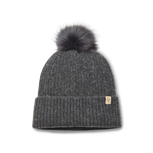 Satin Lined Beanie with Pom - Carrie in Dark Grey