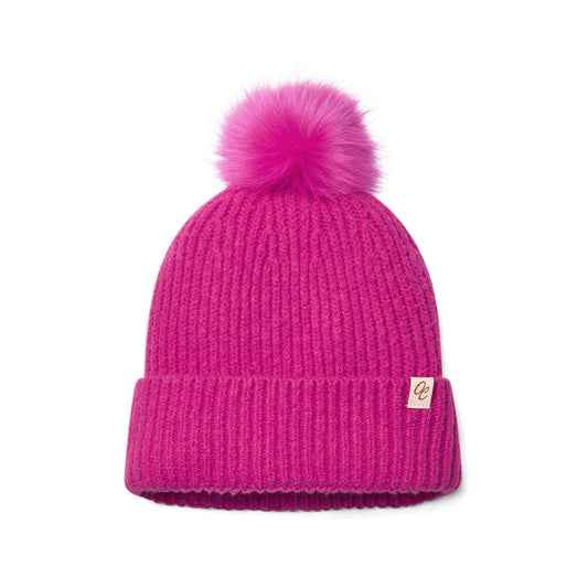 Satin Lined Beanie with Pom - Carrie in Hot Pink
