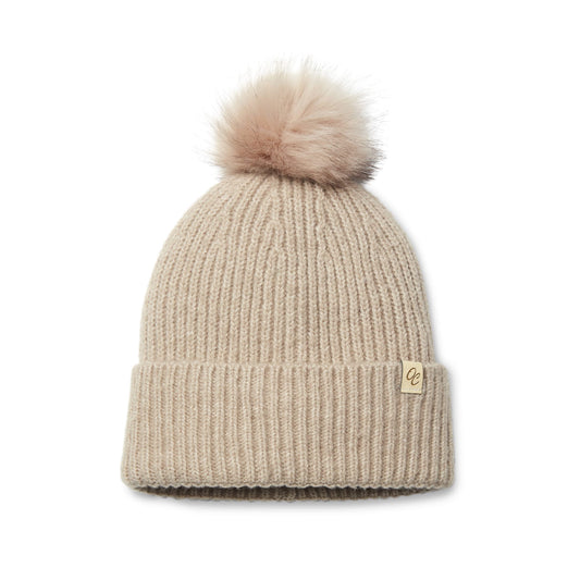 Satin Lined Beanie with Pom - Carrie in Sand
