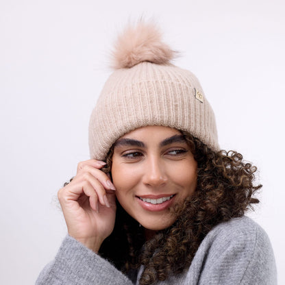 Satin Lined Beanie with Pom - Carrie in Sand