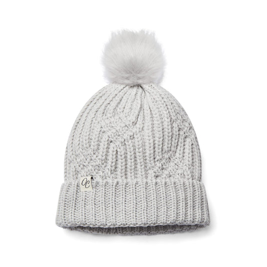 Satin Lined Knitted Beanie Hat - Grey with Pom Pom