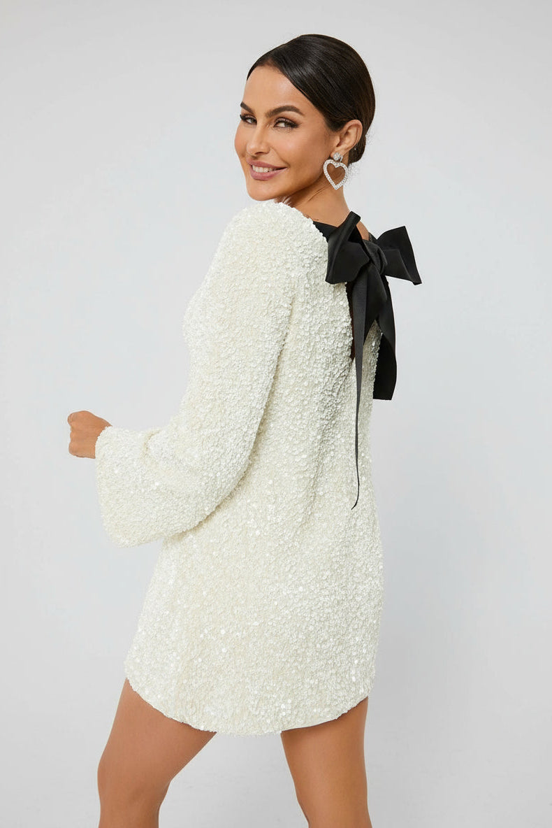 Bow-Back Glitter Mini Dress