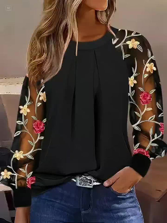 Calista | Black Top with Floral Sleeves