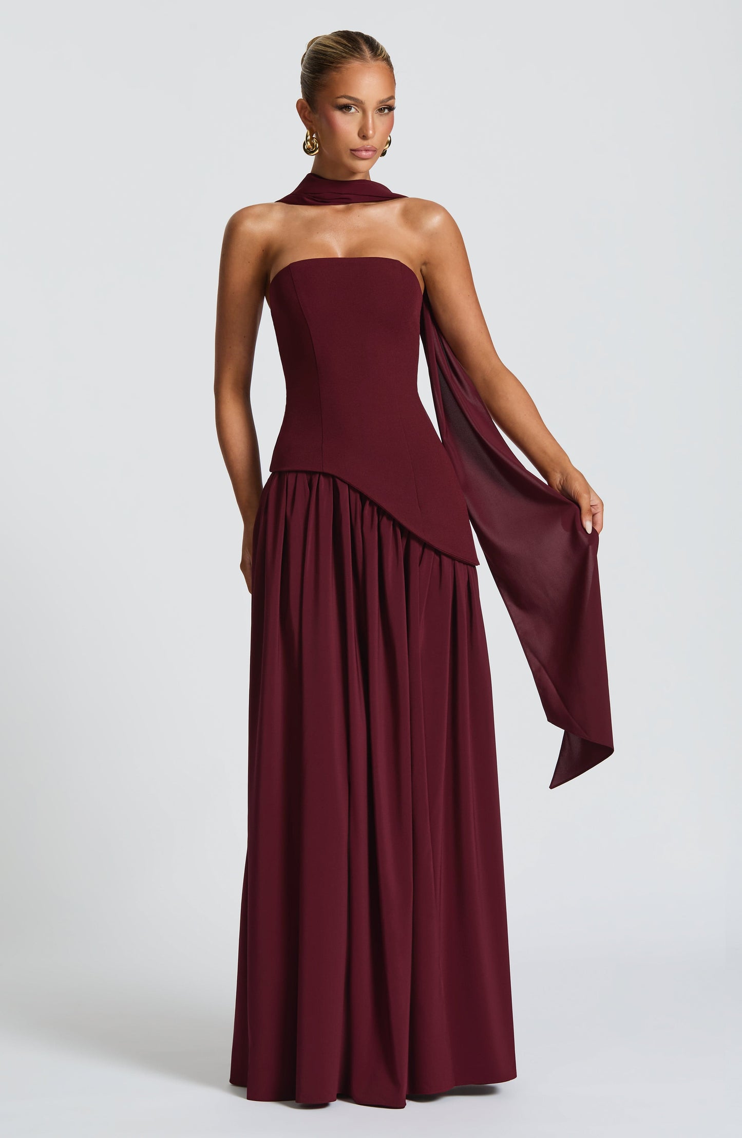 Calista | Cherry Lacquer Crepe & Chiffon Maxi Gown