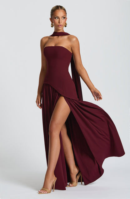 Calista | Cherry Lacquer Crepe & Chiffon Maxi Gown