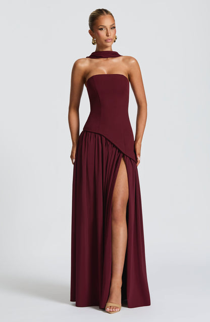 Calista | Cherry Lacquer Crepe & Chiffon Maxi Gown