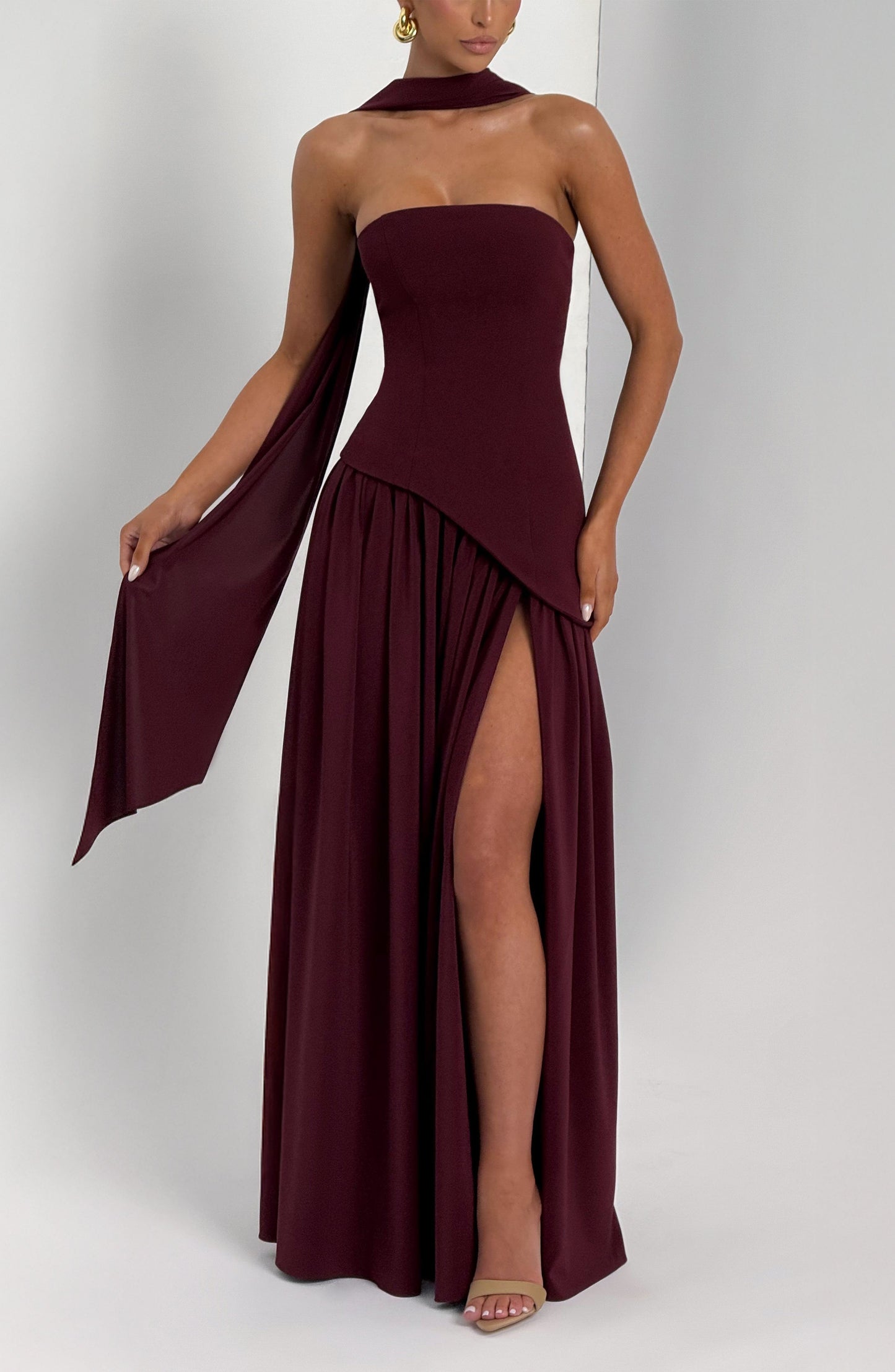 Calista | Cherry Lacquer Crepe & Chiffon Maxi Gown