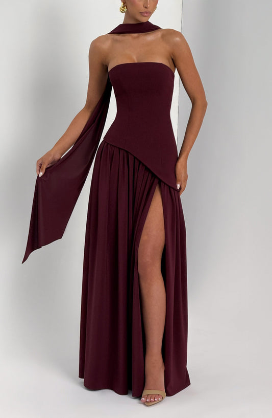 Calista | Cherry Lacquer Crepe & Chiffon Maxi Gown