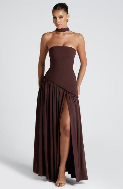 Daphira | Plum Brown Crepe & Chiffon Maxi Gown