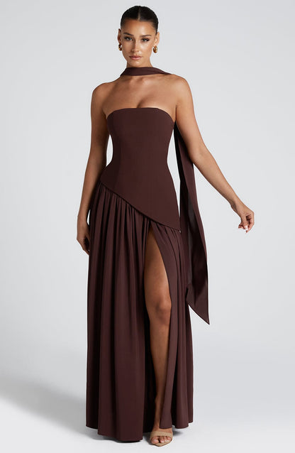 Daphira | Plum Brown Crepe & Chiffon Maxi Gown