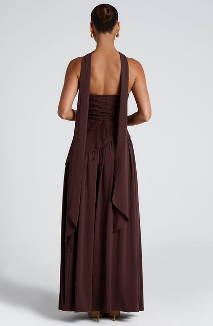 Daphira | Plum Brown Crepe & Chiffon Maxi Gown